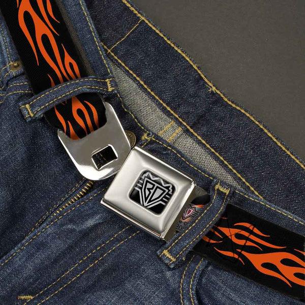 Buckle Down BD Wings Logo CLOSE-UP Full Color Black Silver Seatbelt Belt - Flame Orange Webbing