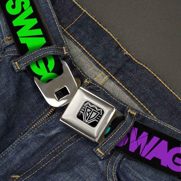 Buckle Down BD Wings Logo CLOSE-UP Full Color Black Silver Seatbelt Belt - SWAGG Black/Hot Pink/Turquoise/Purple/Neon Green Webbing