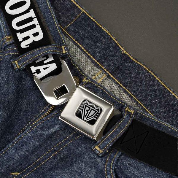 Buckle Down BD Wings Logo CLOSE-UP Full Color Black Silver Seatbelt Belt - IN YOUR FACE Black/White Webbing