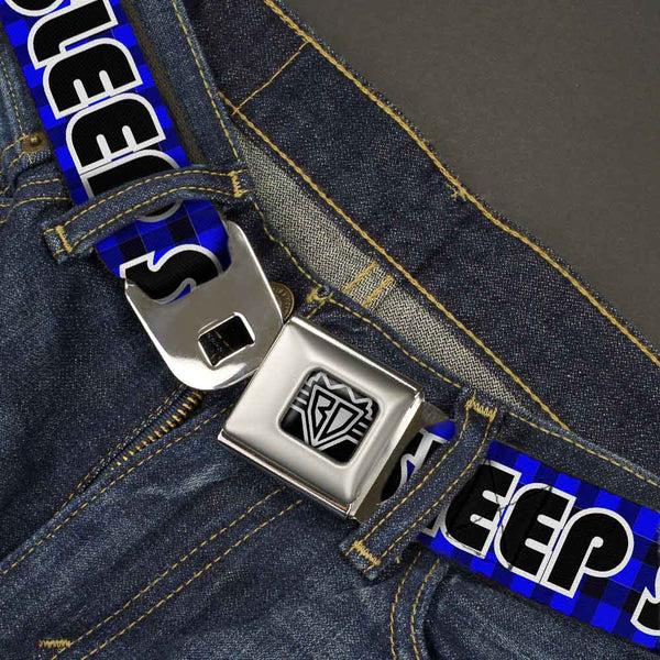 Buckle Down BD Wings Logo CLOSE-UP Full Color Black Silver Seatbelt Belt - EAT SLEEP SKATE Buffalo Plaid Blue Webbing