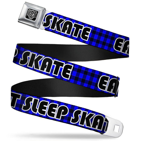 buckle down BD Wings Logo CLOSE-UP Full Color Black Silver Seatbelt Belt - EAT SLEEP SKATE Buffalo Plaid Blue Webbing