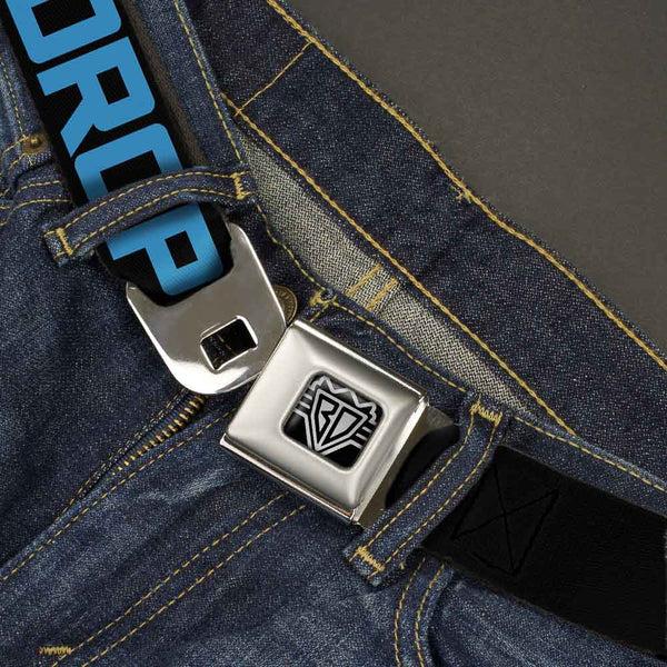 Buckle Down BD Wings Logo CLOSE-UP Full Color Black Silver Seatbelt Belt - DROP BASS NOT BOMBS Black/Blue/Yellow/Purple/Green Webbing