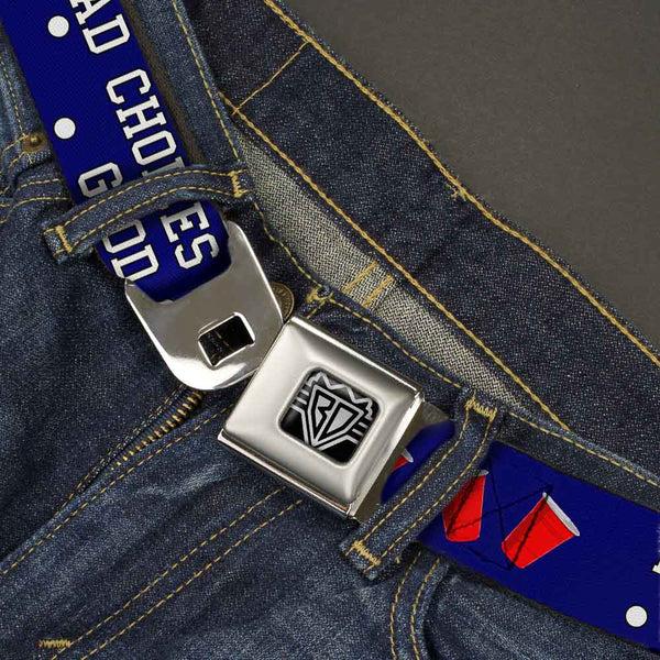 Buckle Down BD Wings Logo CLOSE-UP Full Color Black Silver Seatbelt Belt - Beer Pong BAD CHOICES CREATE GOOD STORIES Blue/White/Red Webbing