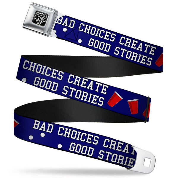 buckle down BD Wings Logo CLOSE-UP Full Color Black Silver Seatbelt Belt - Beer Pong BAD CHOICES CREATE GOOD STORIES Blue/White/Red Webbing