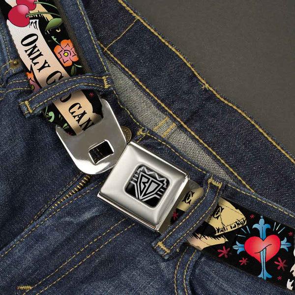 Buckle Down BD Wings Logo CLOSE-UP Full Color Black Silver Seatbelt Belt - Only God Can Judge Me Black Webbing