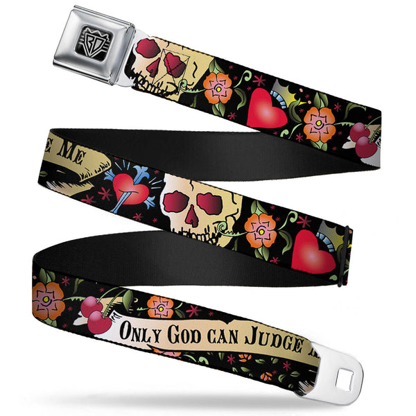 buckle down BD Wings Logo CLOSE-UP Full Color Black Silver Seatbelt Belt - Only God Can Judge Me Black Webbing