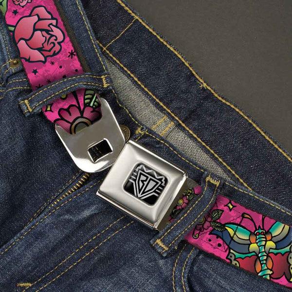 Buckle Down BD Wings Logo CLOSE-UP Full Color Black Silver Seatbelt Belt - Love Kills Pink Webbing
