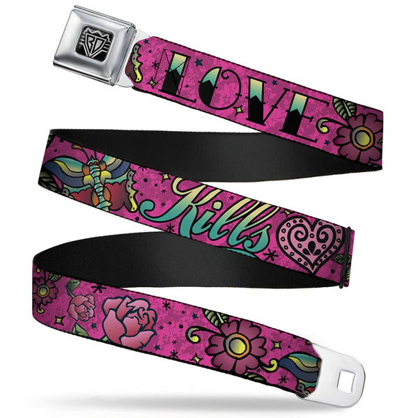buckle down BD Wings Logo CLOSE-UP Full Color Black Silver Seatbelt Belt - Love Kills Pink Webbing