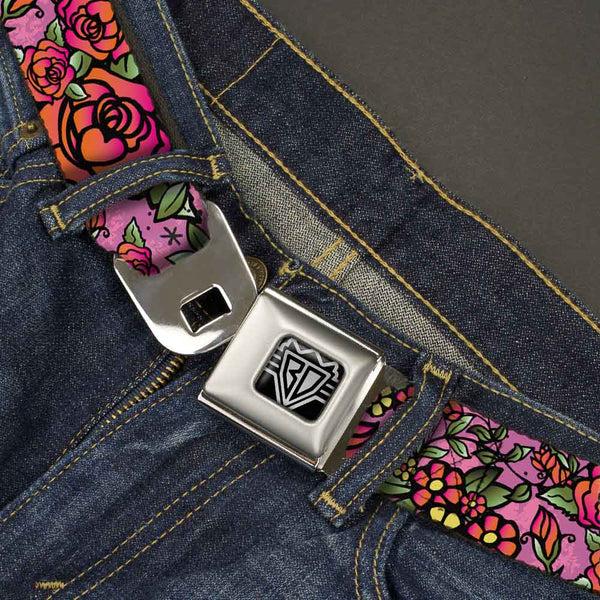 Buckle Down BD Wings Logo CLOSE-UP Full Color Black Silver Seatbelt Belt - Born To Blossom CLOSE-UP Pink Webbing
