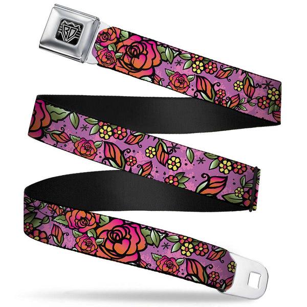 buckle down BD Wings Logo CLOSE-UP Full Color Black Silver Seatbelt Belt - Born to Blossom CLOSE-UP Pink Webbing