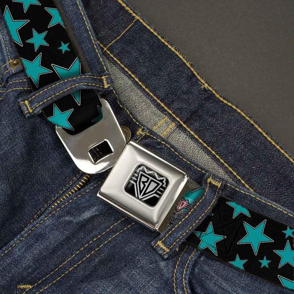 Buckle Down BD Wings Logo CLOSE-UP Full Color Black Silver Seatbelt Belt - Multi Stars Black/Turquoise Webbing