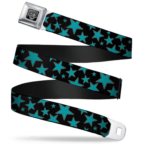 buckle down BD Wings Logo CLOSE-UP Full Color Black Silver Seatbelt Belt - Multi Stars Black/Turquoise Webbing