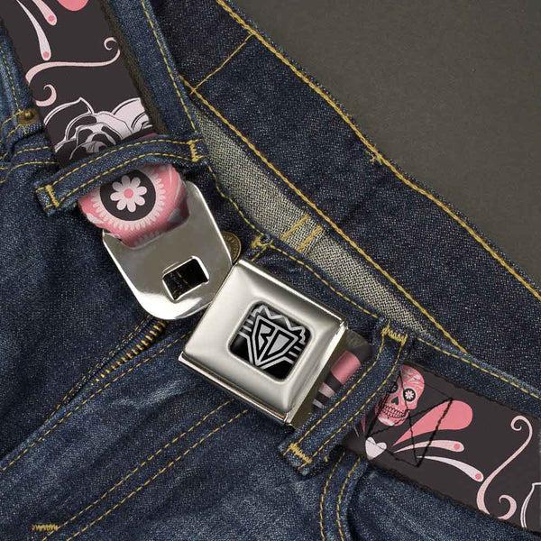 Buckle Down BD Wings Logo CLOSE-UP Full Color Black Silver Seatbelt Belt - Sugar Skulls Gray/Pink Webbing