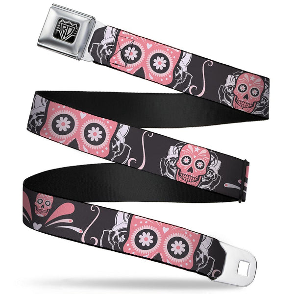 buckle down BD Wings Logo CLOSE-UP Full Color Black Silver Seatbelt Belt - Sugar Skulls Gray/Pink Webbing