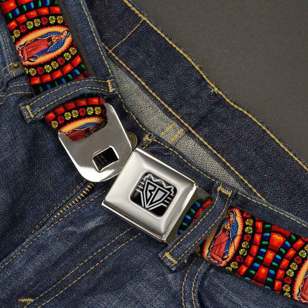 Buckle Down BD Wings Logo CLOSE-UP Full Color Black Silver Seatbelt Belt - Virgen De Guadalupe Webbing