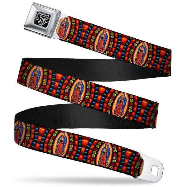 buckle down BD Wings Logo CLOSE-UP Full Color Black Silver Seatbelt Belt - Virgen de Guadalupe Webbing
