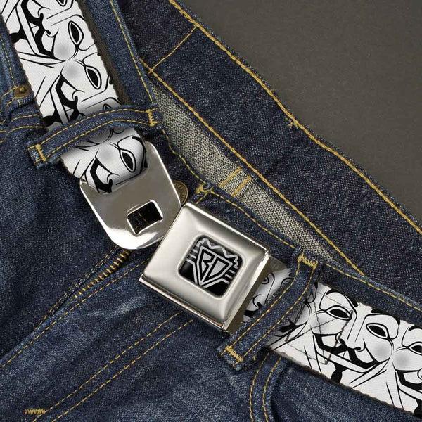 Buckle Down BD Wings Logo CLOSE-UP Full Color Black Silver Seatbelt Belt - Anonymous Face CLOSE-UP Repeat White/Black/Gray Webbing