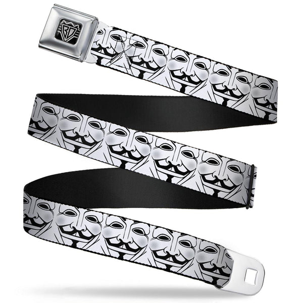 buckle down BD Wings Logo CLOSE-UP Full Color Black Silver Seatbelt Belt - Anonymous Face CLOSE-UP Repeat White/Black/Gray Webbing
