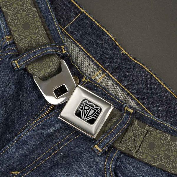 Buckle Down BD Wings Logo CLOSE-UP Full Color Black Silver Seatbelt Belt - Tapestry Charcoal/Olive Webbing