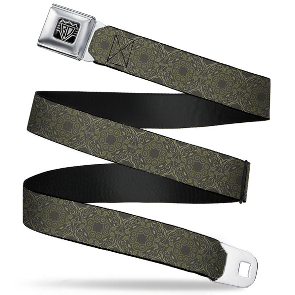 buckle down BD Wings Logo CLOSE-UP Full Color Black Silver Seatbelt Belt - Tapestry Charcoal/Olive Webbing