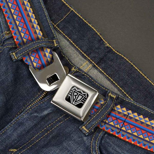 Buckle Down BD Wings Logo CLOSE-UP Full Color Black Silver Seatbelt Belt - Aztec15 Blues/Yellow/Orange/Gray Webbing