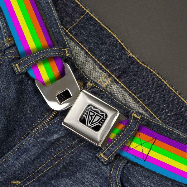 Buckle Down BD Wings Logo CLOSE-UP Full Color Black Silver Seatbelt Belt - Stripes Purple/Orange/Green/Yellow/Pink/Blue Webbing