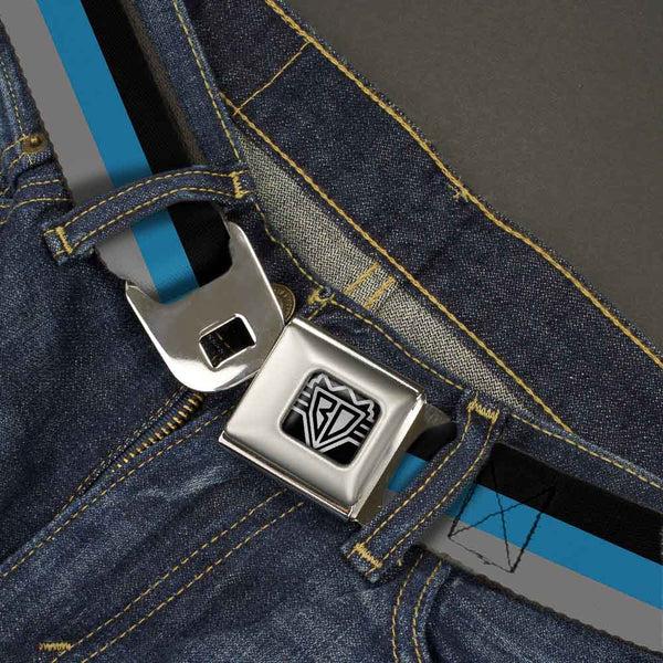 Buckle Down BD Wings Logo CLOSE-UP Full Color Black Silver Seatbelt Belt - Stripes Black/Turquoise/Gray Webbing