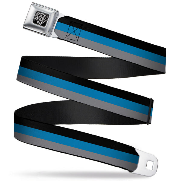 buckle down BD Wings Logo CLOSE-UP Full Color Black Silver Seatbelt Belt - Stripes Black/Turquoise/Gray Webbing