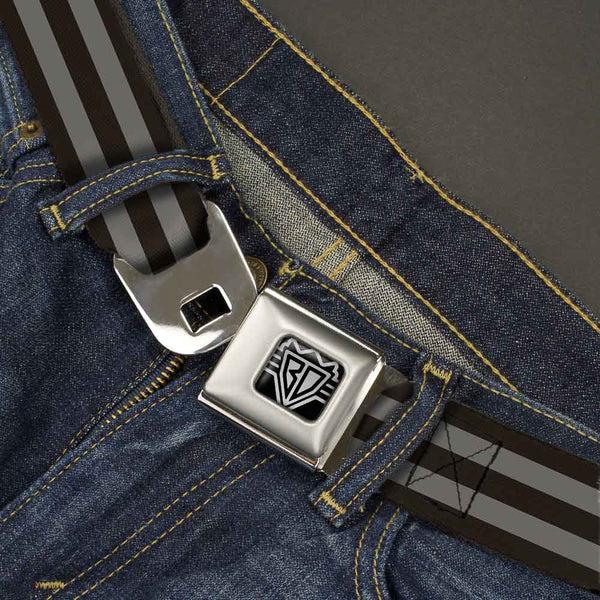 Buckle Down BD Wings Logo CLOSE-UP Full Color Black Silver Seatbelt Belt - Stripes 3Black/2Gray Webbing