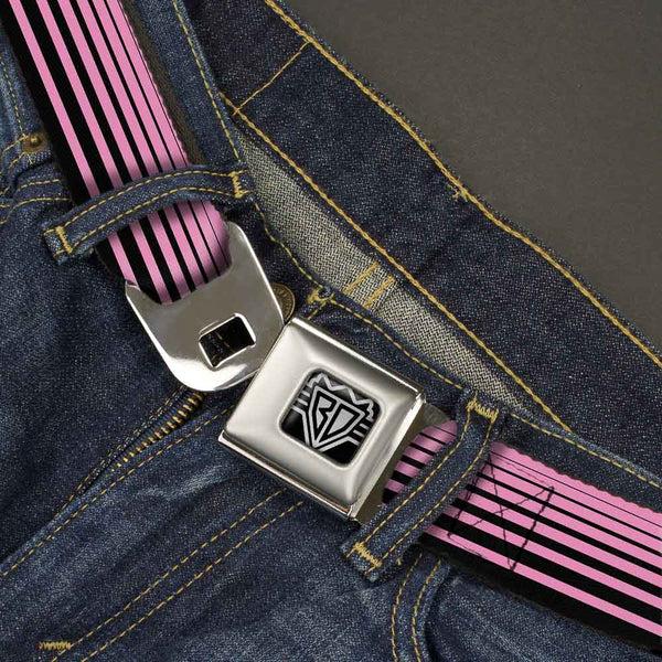 Buckle Down BD Wings Logo CLOSE-UP Full Color Black Silver Seatbelt Belt - Stripe Transition Black/Pink Webbing
