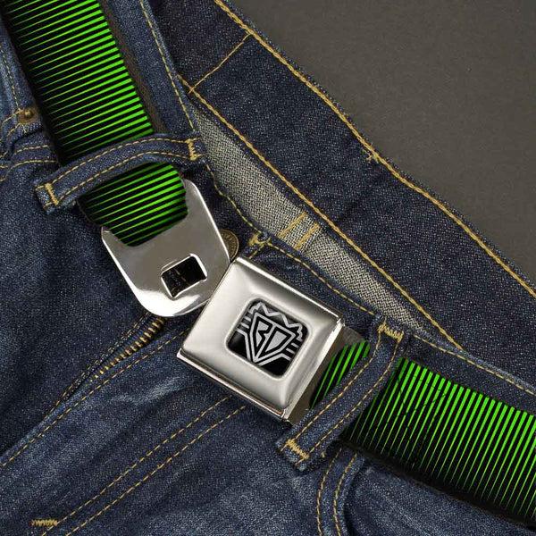 Buckle Down BD Wings Logo CLOSE-UP Full Color Black Silver Seatbelt Belt - Vertical Stripes Transition Black/Yellow Webbing