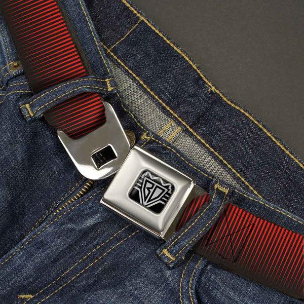 Buckle Down BD Wings Logo CLOSE-UP Full Color Black Silver Seatbelt Belt - Vertical Stripes Transition Black/Red Webbing