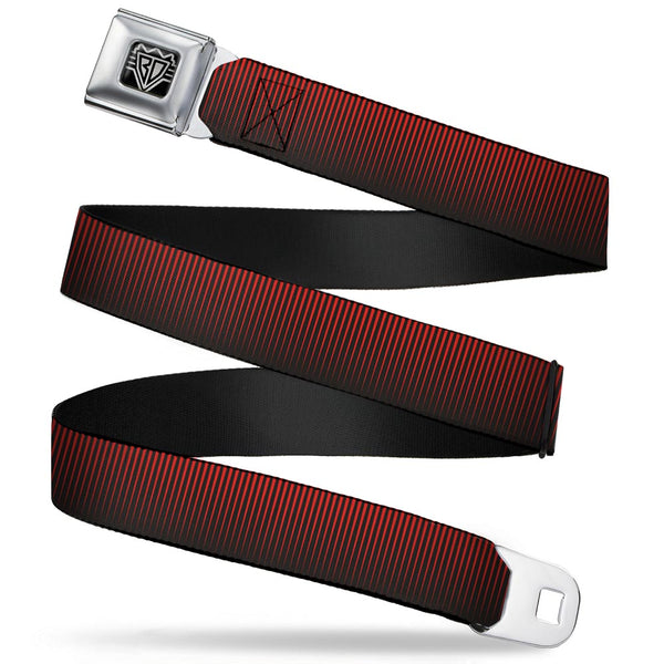 buckle down BD Wings Logo CLOSE-UP Full Color Black Silver Seatbelt Belt - Vertical Stripes Transition Black/Red Webbing