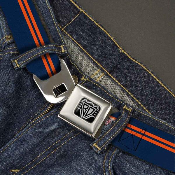 Buckle Down BD Wings Logo CLOSE-UP Full Color Black Silver Seatbelt Belt - Racing Stripe Navy/Orange Webbing