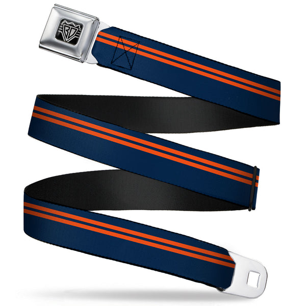 buckle down BD Wings Logo CLOSE-UP Full Color Black Silver Seatbelt Belt - Racing Stripe Navy/Orange Webbing