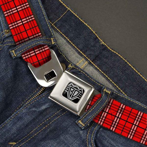 Buckle Down BD Wings Logo CLOSE-UP Full Color Black Silver Seatbelt Belt - Plaid Red Webbing