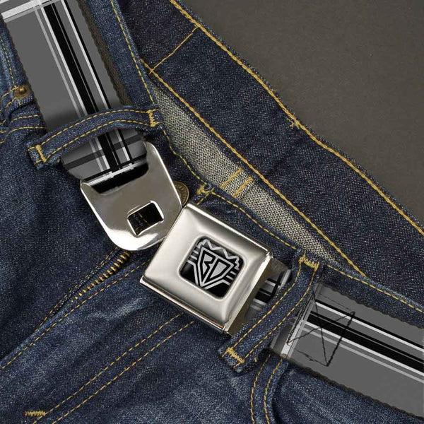 Buckle Down BD Wings Logo CLOSE-UP Full Color Black Silver Seatbelt Belt - Plaid Gray/Black/White Webbing