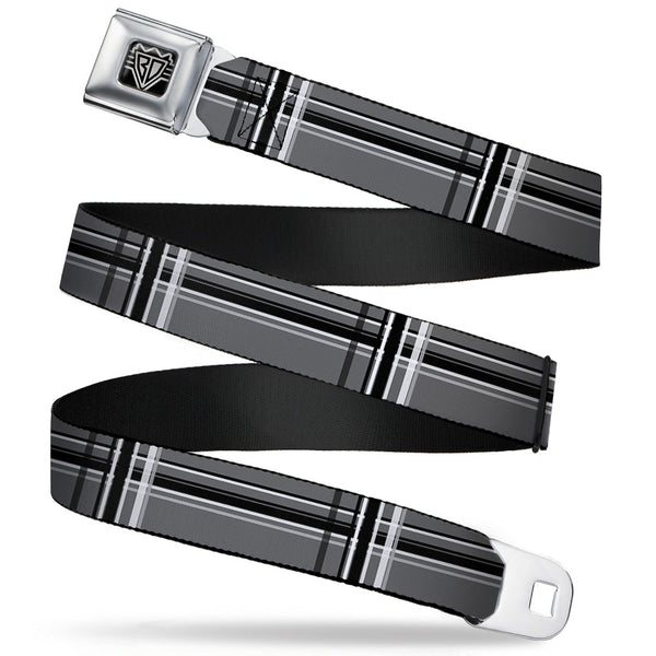 buckle down BD Wings Logo CLOSE-UP Full Color Black Silver Seatbelt Belt - Plaid Gray/Black/White Webbing