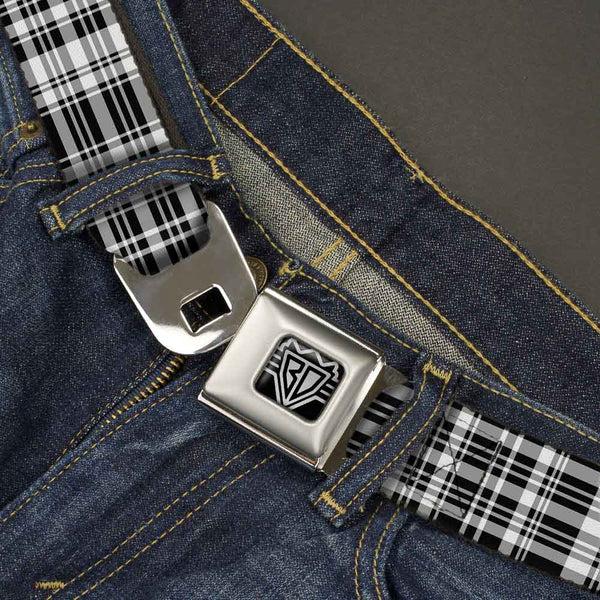 Buckle Down BD Wings Logo CLOSE-UP Full Color Black Silver Seatbelt Belt - Plaid Black/White Webbing