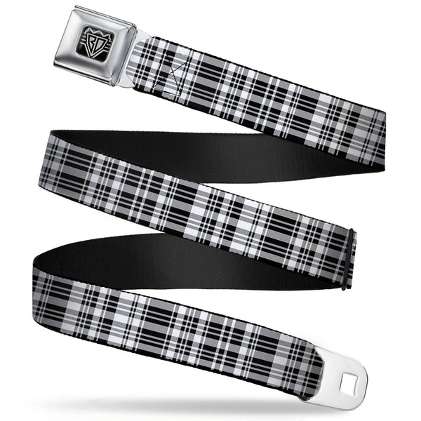 buckle down BD Wings Logo CLOSE-UP Full Color Black Silver Seatbelt Belt - Plaid Black/White Webbing