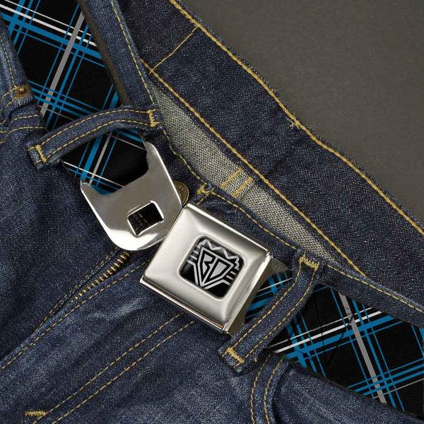 Buckle Down BD Wings Logo CLOSE-UP Full Color Black Silver Seatbelt Belt - Plaid Black/Turquoise/Gray Webbing