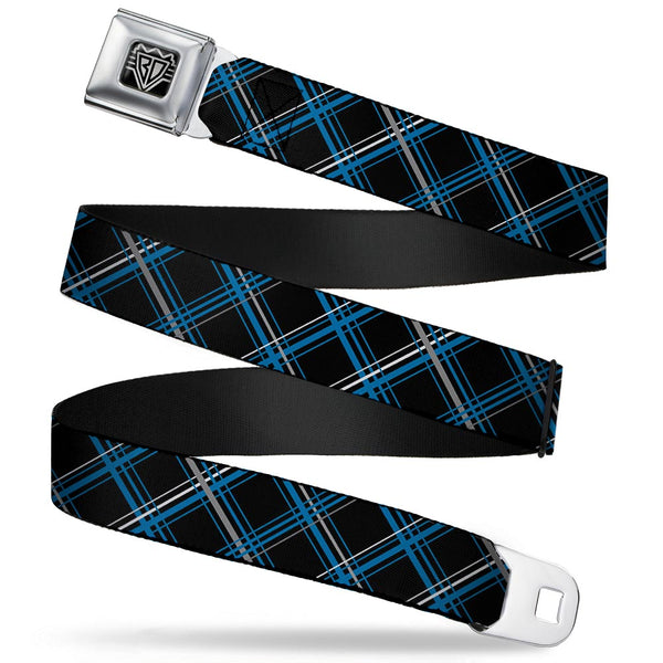 buckle down BD Wings Logo CLOSE-UP Full Color Black Silver Seatbelt Belt - Plaid Black/Turquoise/Gray Webbing