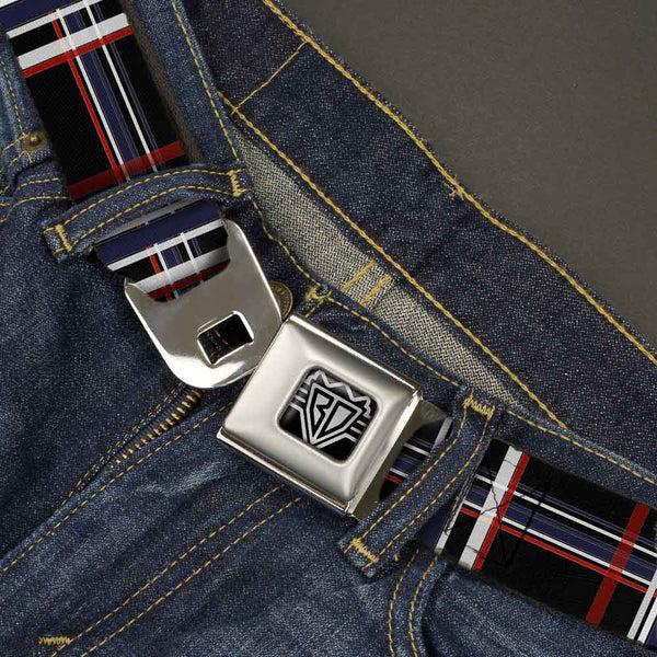 Buckle Down BD Wings Logo CLOSE-UP Full Color Black Silver Seatbelt Belt - Plaid Black/Red/White/Blue Webbing