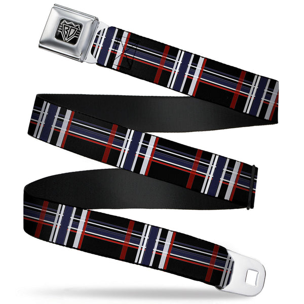 buckle down BD Wings Logo CLOSE-UP Full Color Black Silver Seatbelt Belt - Plaid Black/Red/White/Blue Webbing