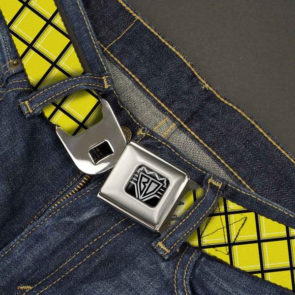 Buckle Down BD Wings Logo CLOSE-UP Full Color Black Silver Seatbelt Belt - Wire Grid Yellow/Black/Gray Webbing