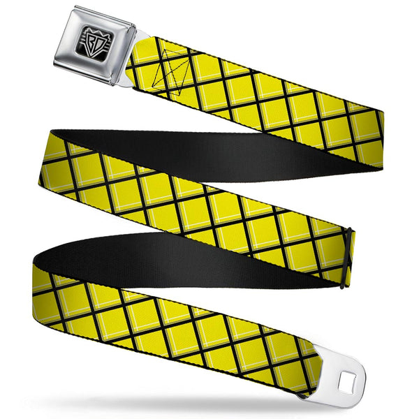 buckle down BD Wings Logo CLOSE-UP Full Color Black Silver Seatbelt Belt - Wire Grid Yellow/Black/Gray Webbing