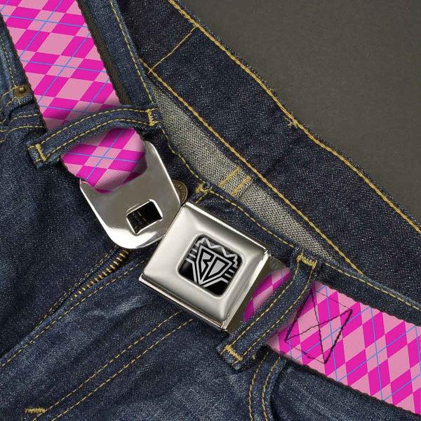 Buckle Down BD Wings Logo CLOSE-UP Full Color Black Silver Seatbelt Belt - Argyle Pink/Fuchsia/Blue Webbing