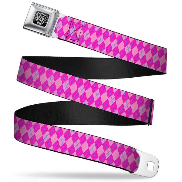 buckle down BD Wings Logo CLOSE-UP Full Color Black Silver Seatbelt Belt - Argyle Pink/Fuchsia/Blue Webbing