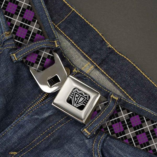 Buckle Down BD Wings Logo CLOSE-UP Full Color Black Silver Seatbelt Belt - Argyle Black/Gray/Purple Webbing