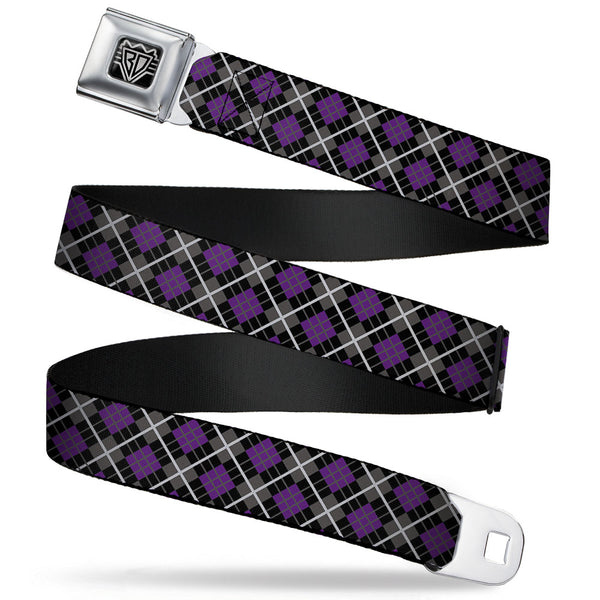 buckle down BD Wings Logo CLOSE-UP Full Color Black Silver Seatbelt Belt - Argyle Black/Gray/Purple Webbing